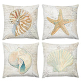 Set of 4 square throw pillow covers with seashell and starfish designs. Short plush pillow cases for home sofa or car decor.
