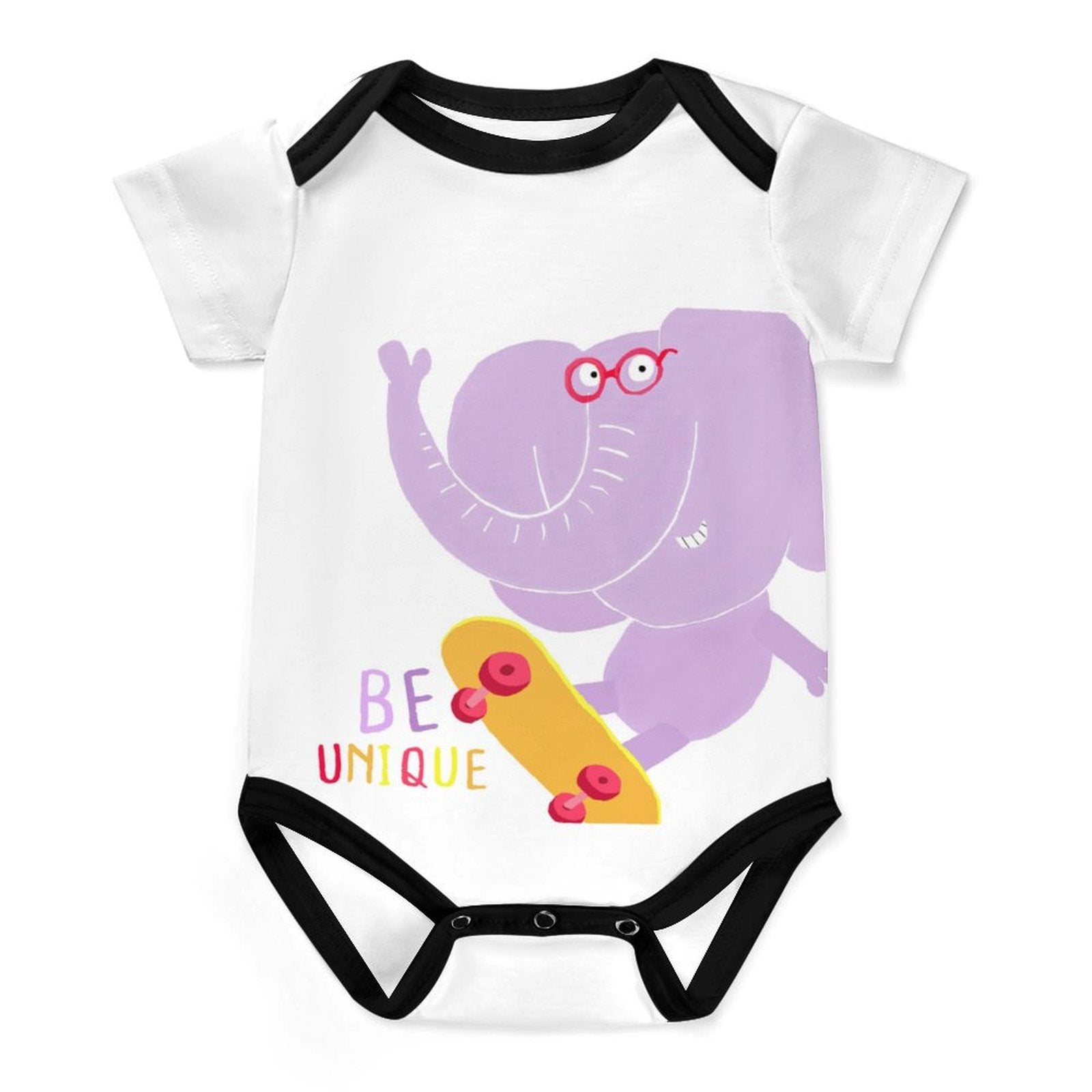Climbing infant bodysuit featuring a skateboarding elephant and the phrase 'Be Unique'.