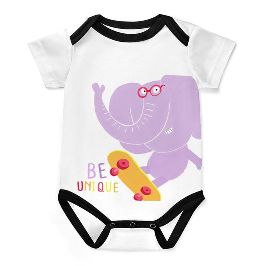Climbing infant bodysuit featuring a skateboarding elephant and the phrase 'Be Unique'.