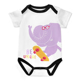 Climbing infant bodysuit featuring a skateboarding elephant and the phrase 'Be Unique'.