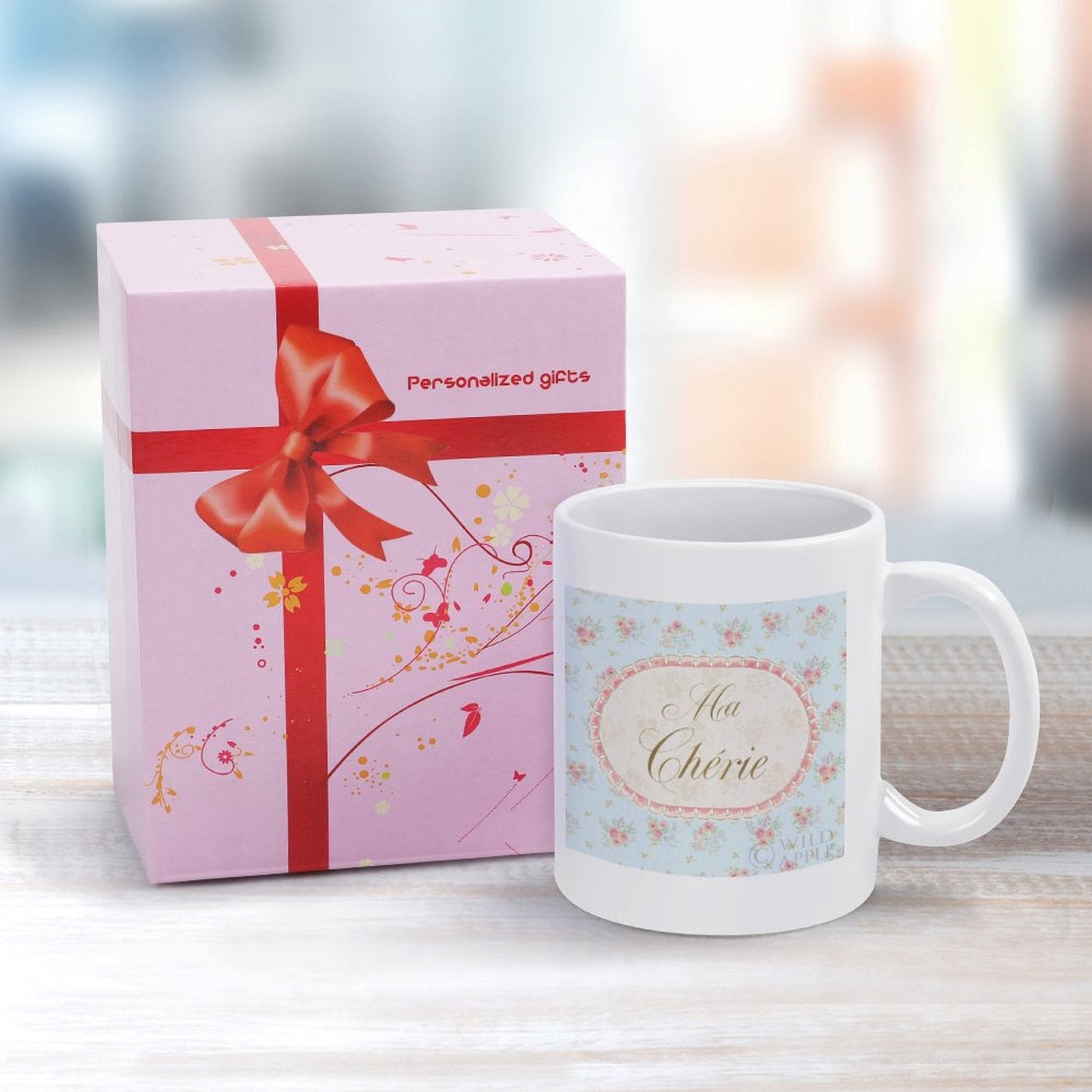 Personalized Ma Chérie ceramic coffee mug gift set with spring floral design, perfect for gifting.