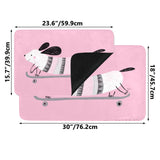Pink dog door mat with skateboard design for indoor/outdoor use, durable and easy to clean, with dimensions.
