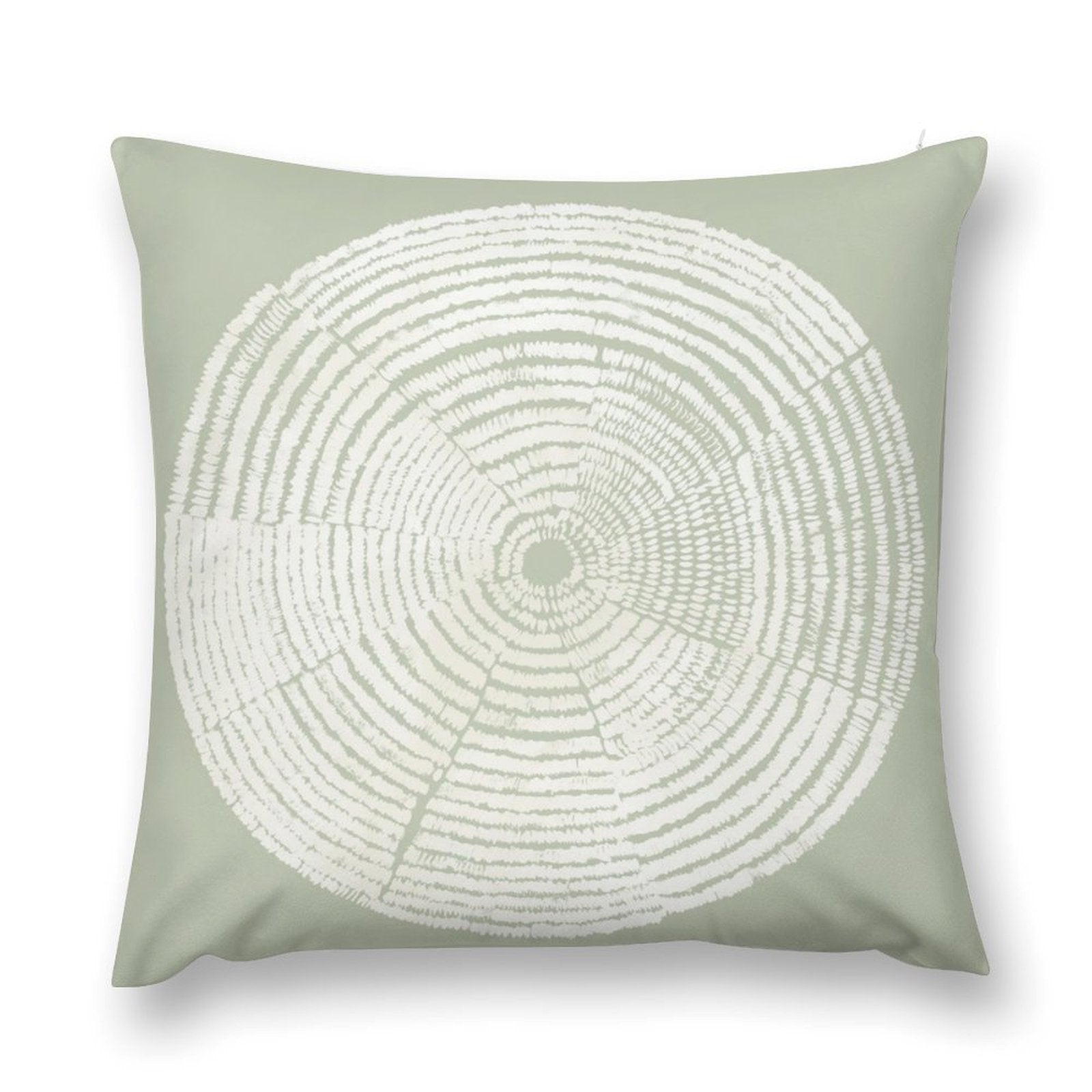 Sage green plush throw pillow with white tree ring design. Soft and fluffy decorative pillow cover for sofa or couch.
