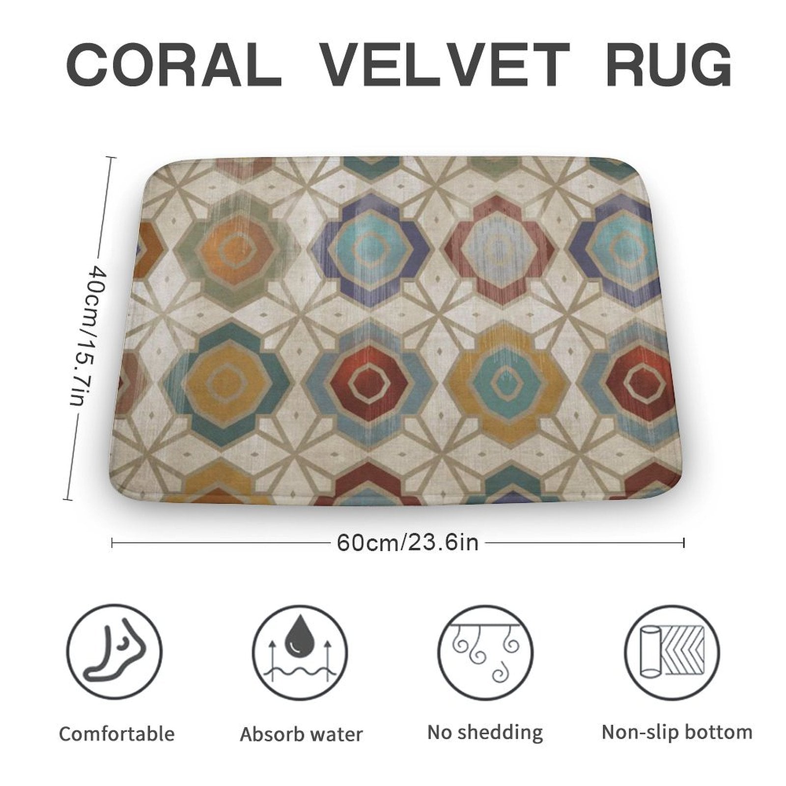 Coral velvet bath rug with geometric pattern, non-slip and quick-drying for bathroom.