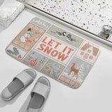 Non-slip bath rug with winter "LET IT SNOW" design, for bathroom decor. Featuring snowman, deer, and other winter patterns.