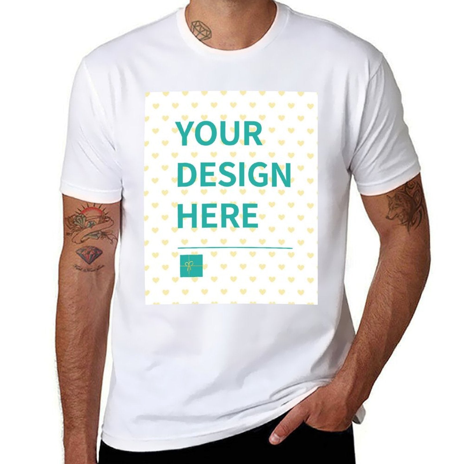 Custom white short sleeve t-shirt with 'YOUR DESIGN HERE' design, customizable apparel from MyArtsyGift.com