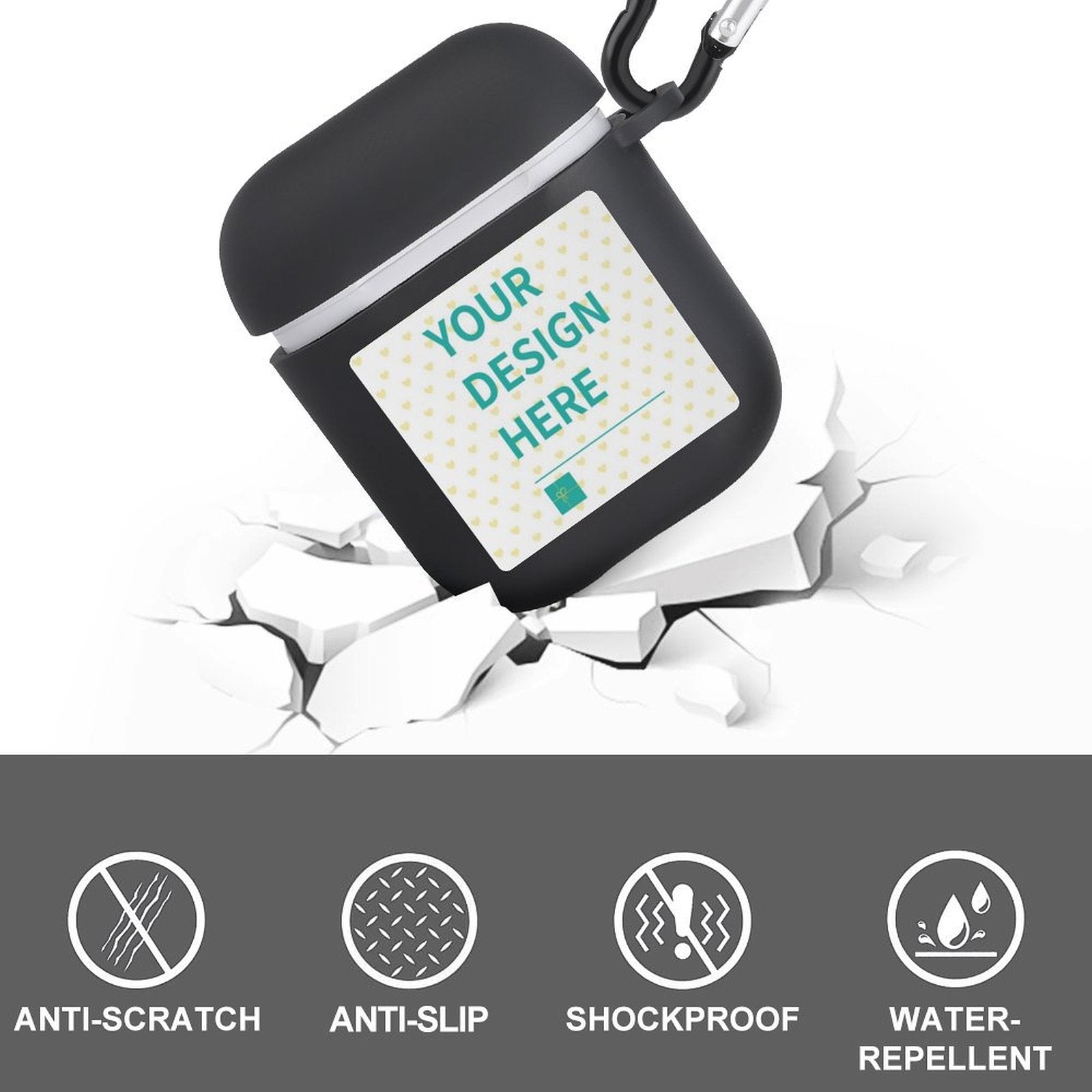 Custom black Airpod case, personalized design area, TPU, protective, shockproof, and keychain for AirPods 1 & 2