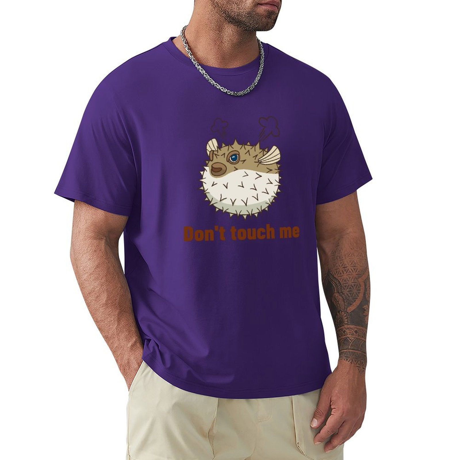 Men's purple t-shirt featuring a pufferfish design and "Don't touch me" text. Breathable cotton tee for men, MyArtsyGift.