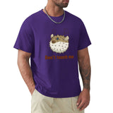 Purple men's short sleeve t-shirt with pufferfish design and "Don't touch me" text