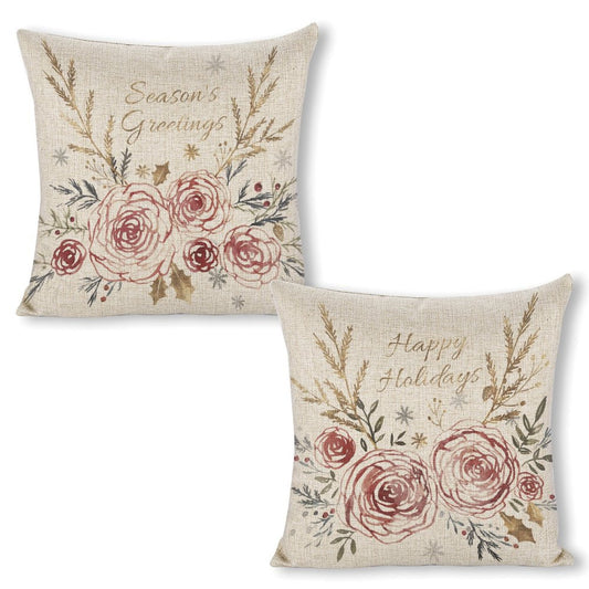 Christmas pillow covers with floral design and linen material. Features 'Season's Greetings' and 'Happy Holidays' text.