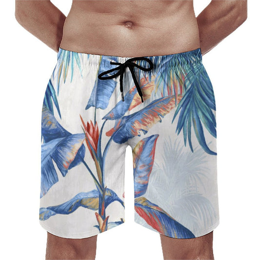 Men's Hawaiian swim trunks with blue and red tropical leaf design, quick dry beach shorts for boyfriend