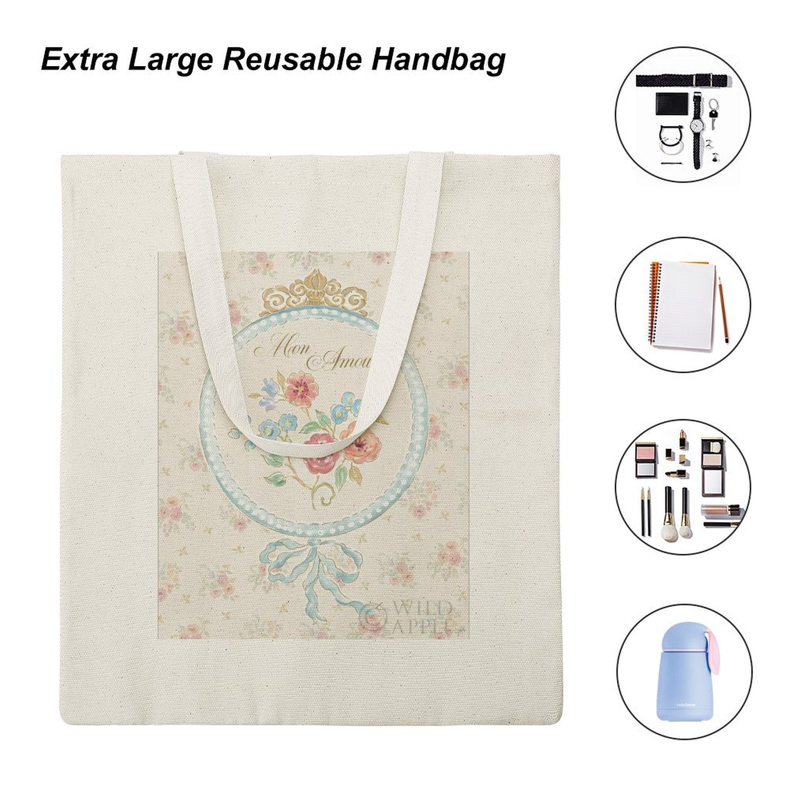 Canvas tote bag with floral Mon Amour design, reusable shopping bag