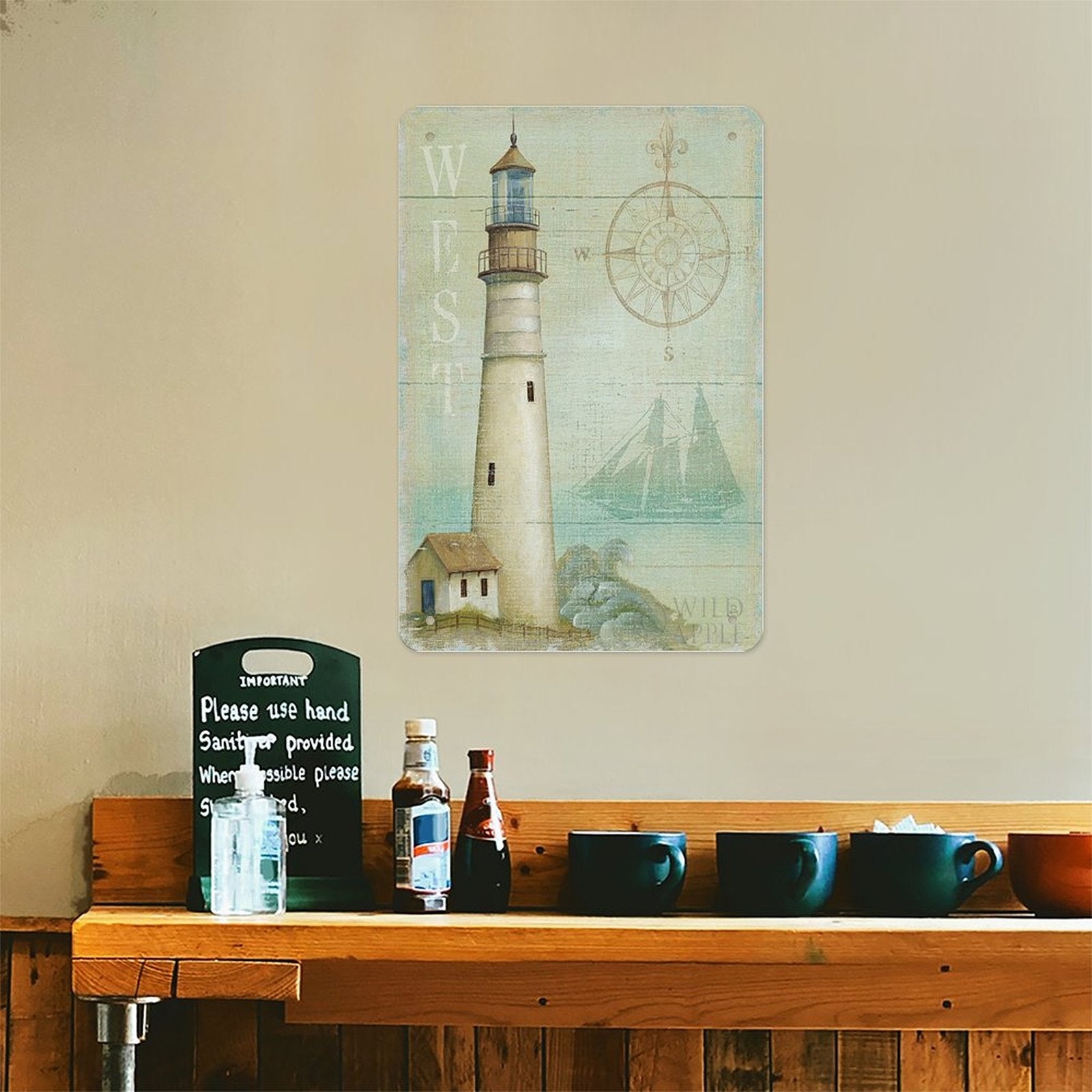 West Coastal Light tin sign, metal wall decor for home, office, or bar. Durable tinplate with lighthouse and compass design.