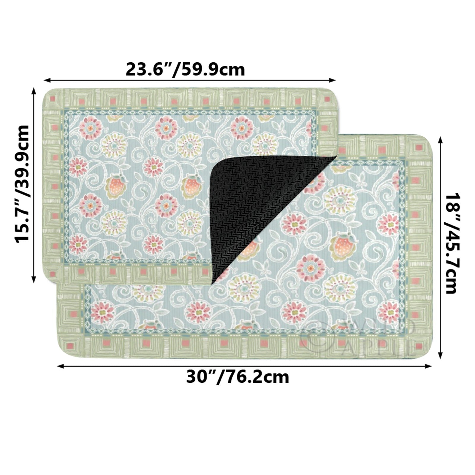 Floral desert door mat with light blue background and floral design, perfect for indoor/outdoor use, with size indication.