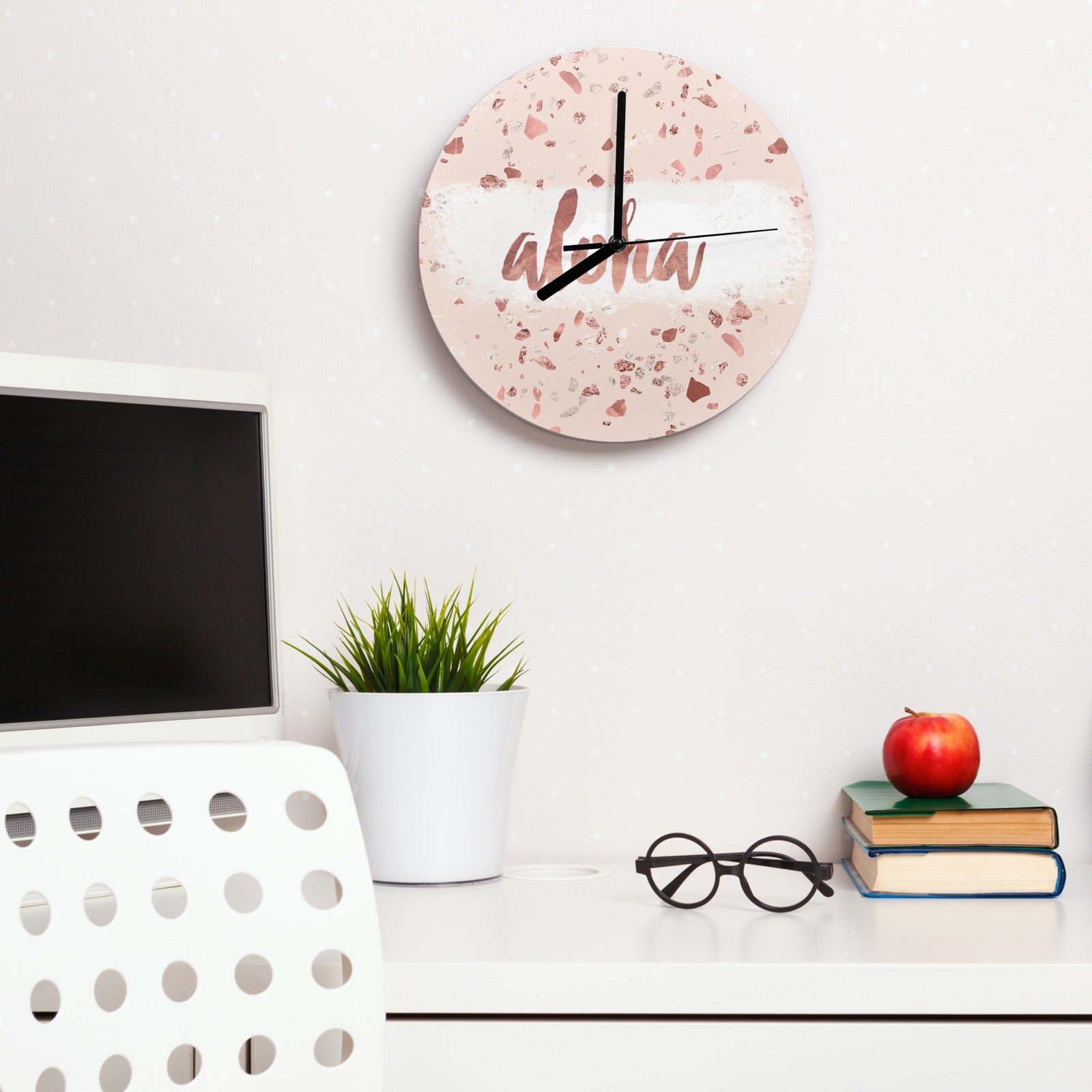 Pink MDF wall clock with "Aloha" text, modern living room decor, office kitchen clock