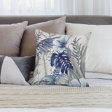 Blue floral plush pillow cover for sofa, couch, and living room decor. Watercolor tropical design.
