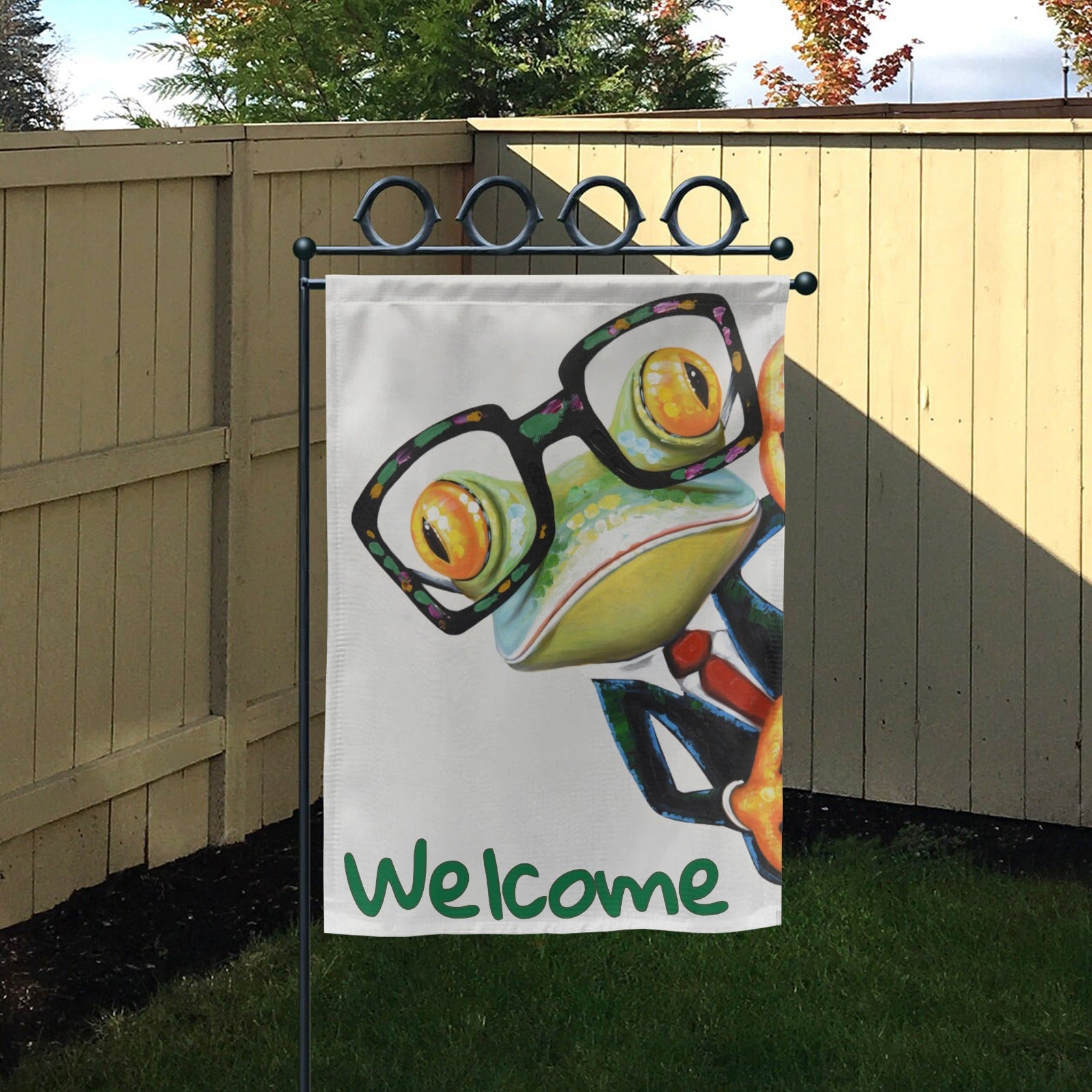 Welcome Frog Garden Flag, frog with glasses, Made in USA, outdoor garden decor, 100% polyester, perfect for lawn and yard.