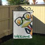 Welcome Frog Garden Flag, frog with glasses, Made in USA, outdoor garden decor, 100% polyester, perfect for lawn and yard.