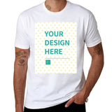 Men's white cotton t-shirt with 'YOUR DESIGN HERE' print, perfect for summer customization, MyArtsyGift.com