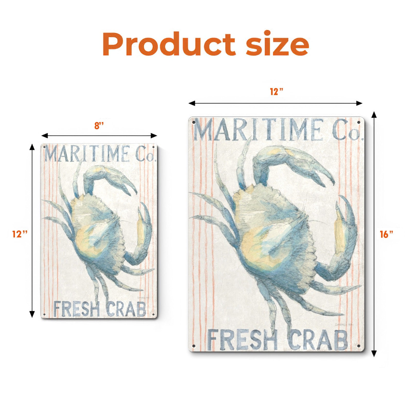 Floursack Nautical III Metal Sign featuring a watercolor crab with Maritime Co. Fresh Crab text, kitchen wall decor.