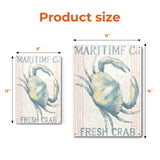 Floursack Nautical III Metal Sign featuring a watercolor crab with Maritime Co. Fresh Crab text, kitchen wall decor.