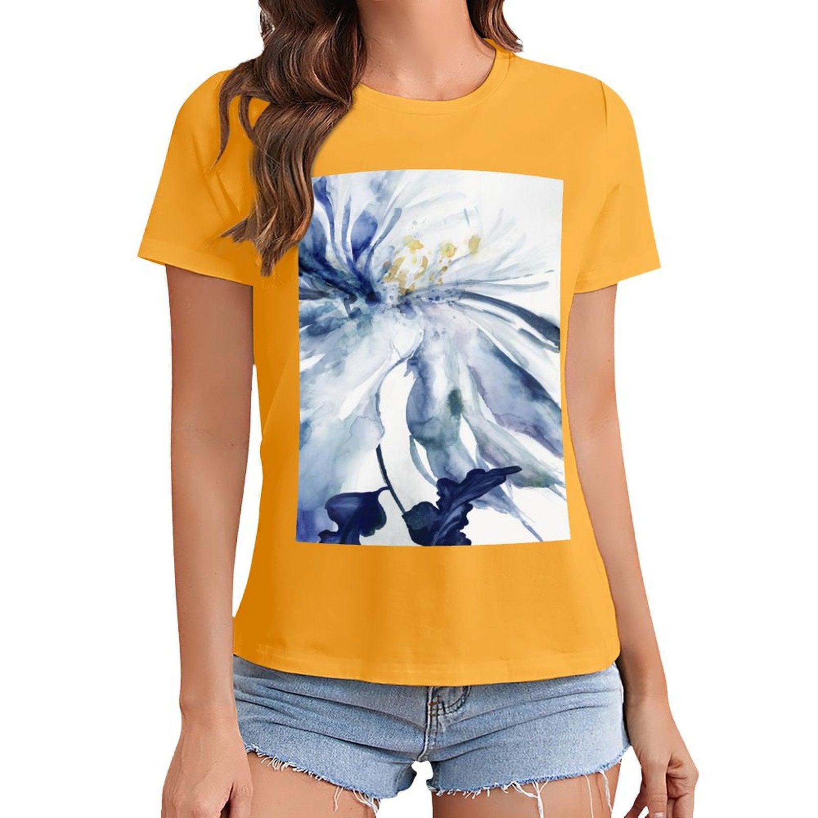 Yellow crewneck t-shirt with blue watercolor floral print for women from MyArtsyGift