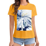Yellow crewneck t-shirt with blue watercolor floral print for women from MyArtsyGift