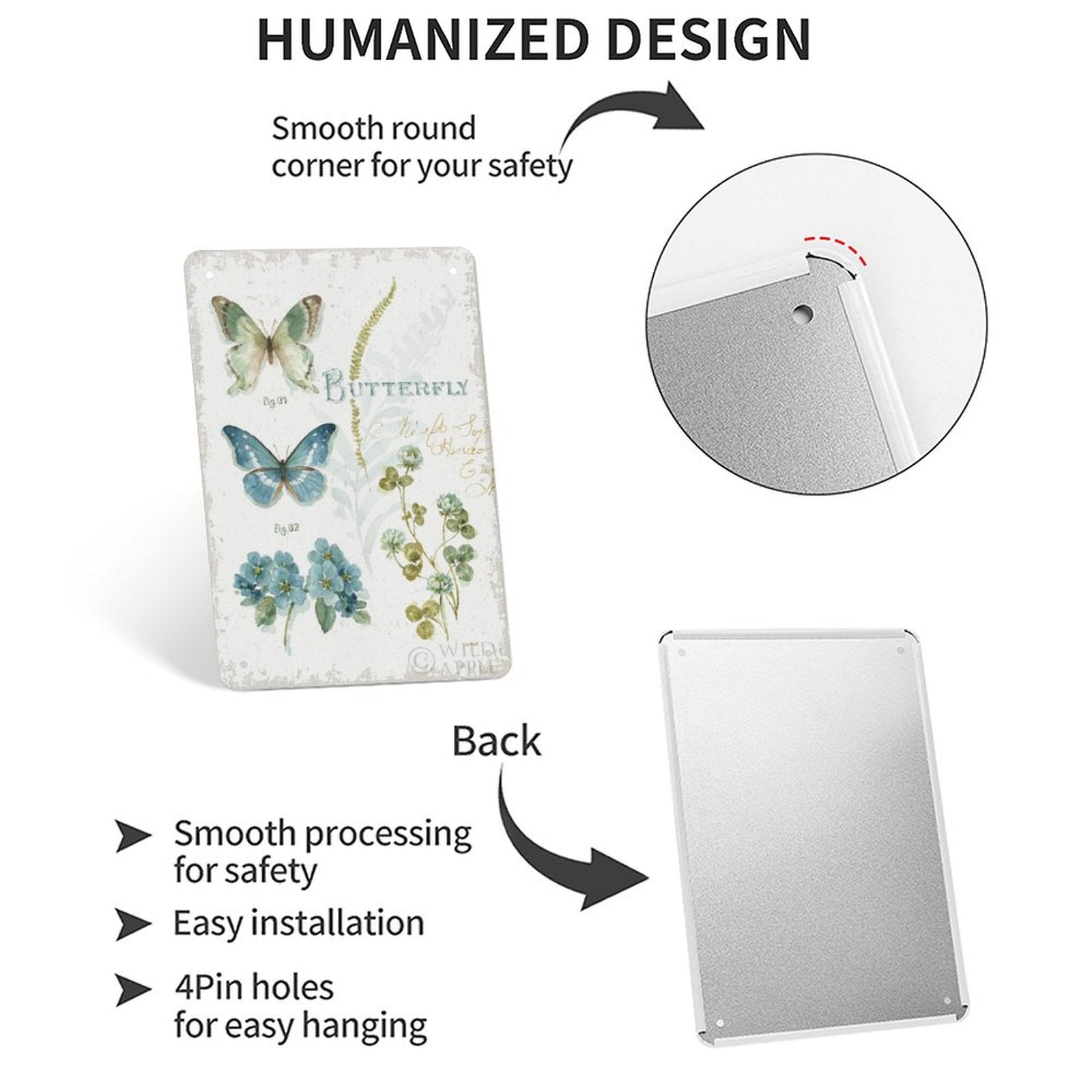 Personalized metal tin sign with botanical butterfly design, smooth edges and easy installation, made in USA.