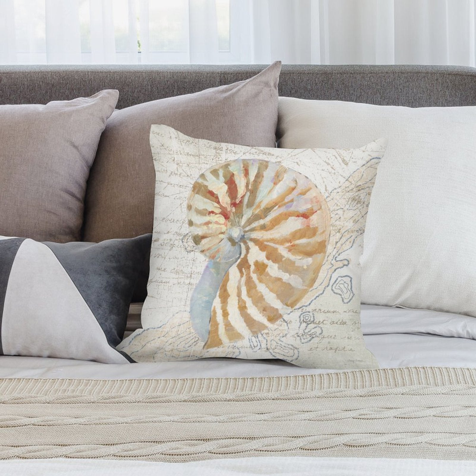 Plush pillow cover with nautilus shell design, soft and fluffy short plush material, perfect for sofa and living room decor.