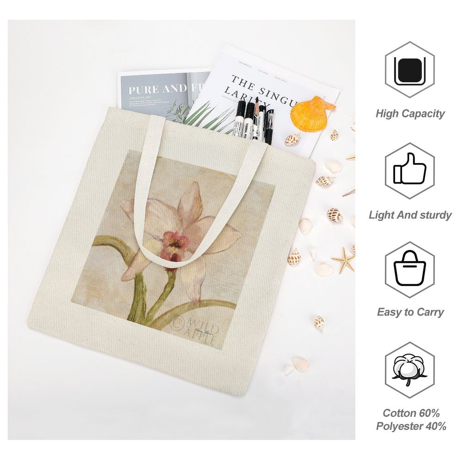 Orchid canvas tote bag, cotton-polyester blend, Wild Apple art, reusable shopping bag, high capacity and easy to carry