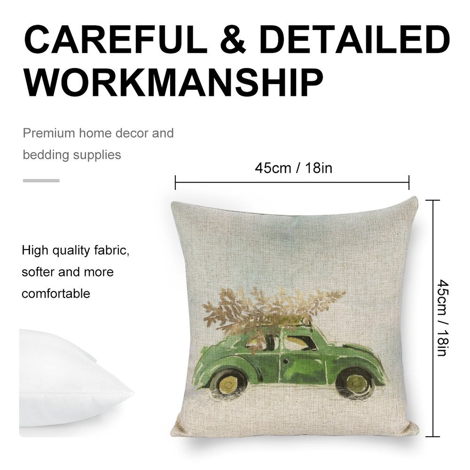 Christmas pillow cover, linen pillow case with green car and tree, 18x18 cushion for sofa, careful workmanship