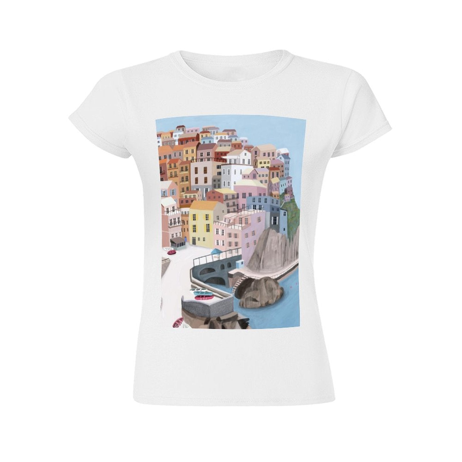 White short sleeve crewneck t-shirt featuring town graphic print, ideal for casual wear