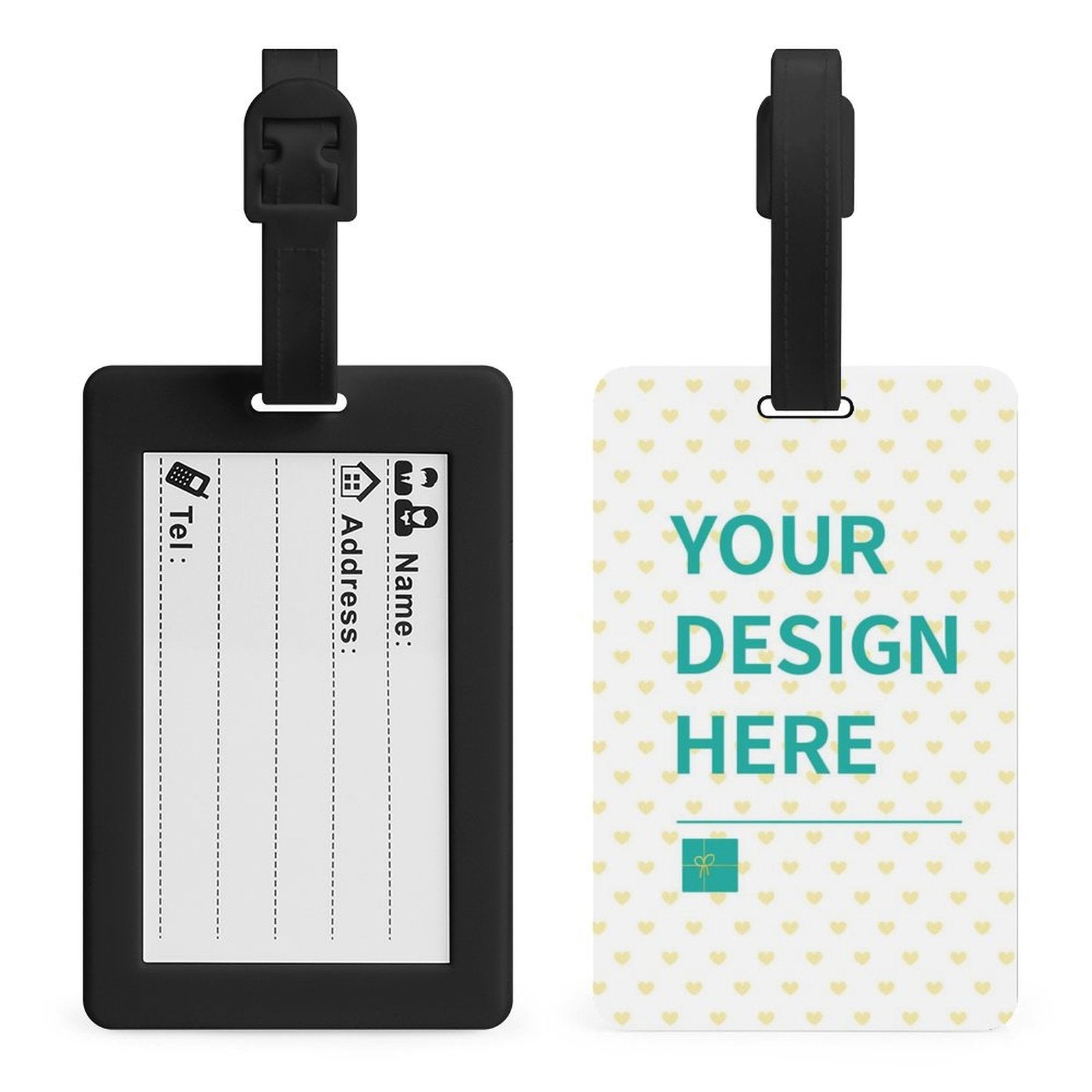 Personalized luggage tag with space for contact info and 'YOUR DESIGN HERE' on the back, perfect for travel.