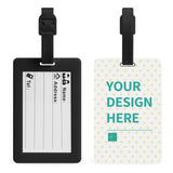 Personalized luggage tag with space for contact info and 'YOUR DESIGN HERE' on the back, perfect for travel.