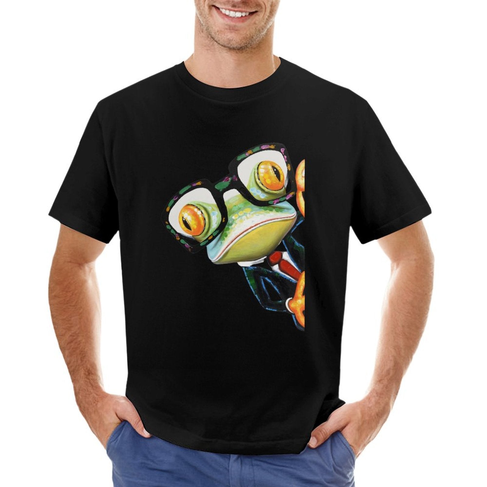 Men's black crew neck t-shirt with frog design, Classic Tees for Men, MyArtsyGift, S - 6XL