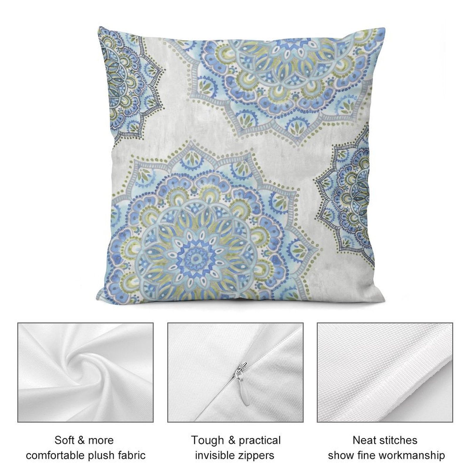 MyArtsyGift plush throw pillow cover with mandala design, soft fabric, and invisible zipper.