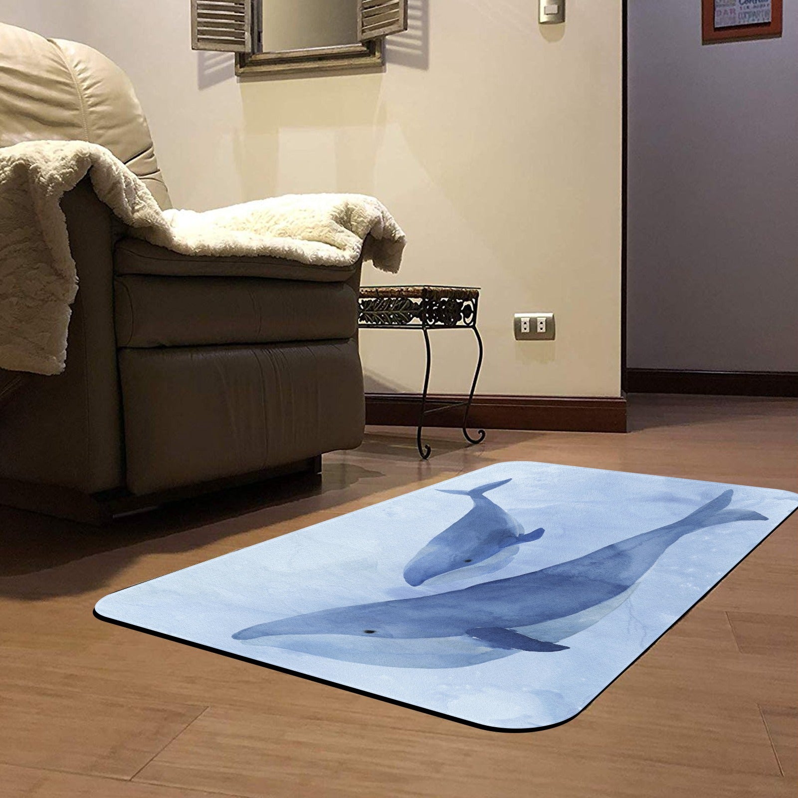 Blue Whale II doormat, watercolor whale design, indoor/outdoor rubber mat.