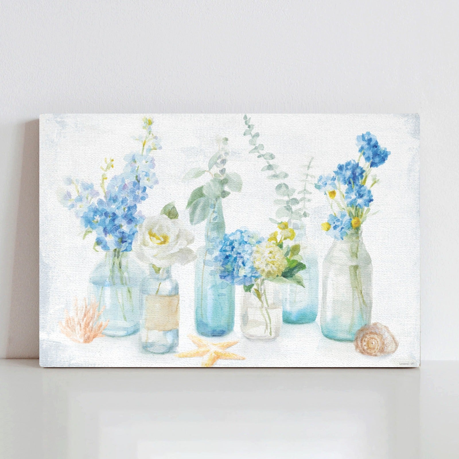 Beach Cottage Blue Florals Canvas Print, Watercolor floral art for home decor.