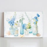 Beach Cottage Blue Florals Canvas Print, Watercolor floral art for home decor.