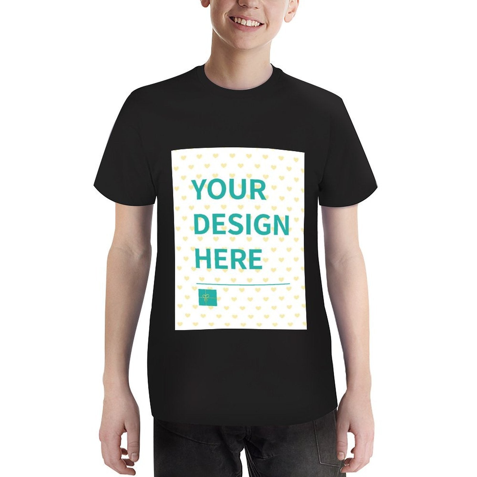 Customizable black youth t-shirt with 'YOUR DESIGN HERE' design, personalized for kids, made of cotton.