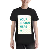 Customizable black youth t-shirt with 'YOUR DESIGN HERE' design, personalized for kids, made of cotton.