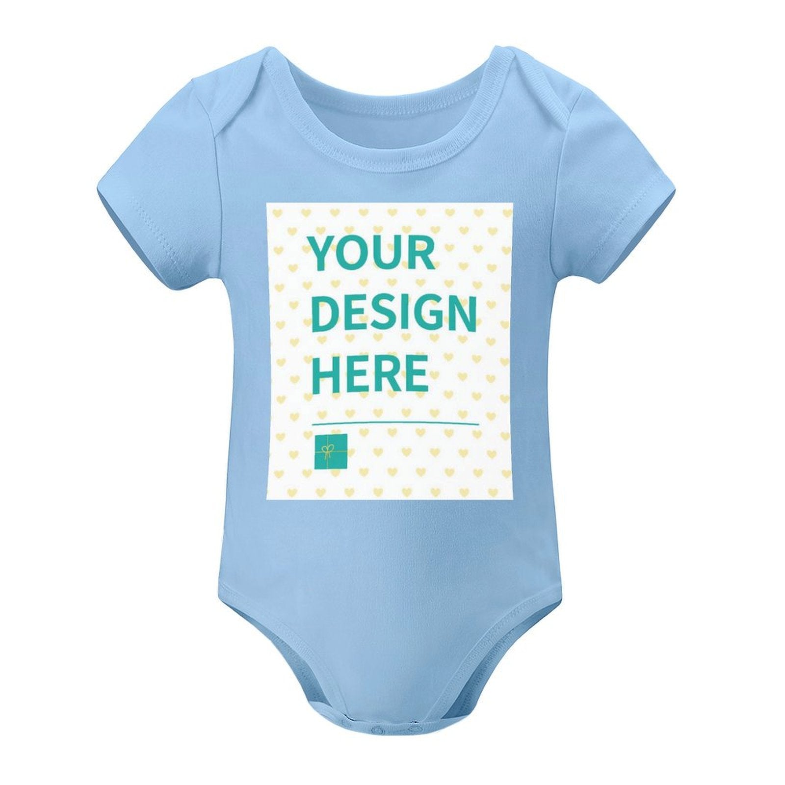 Customizable baby bodysuit in light blue, 'YOUR DESIGN HERE' design, cotton material, perfect for baby gifts.