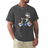 Men's black crew neck t-shirt with colorful frog on scooter design, cotton tee, comfortable and breathable.