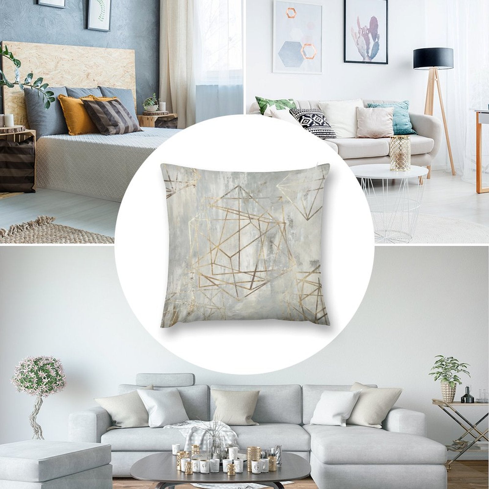 Geometric gold pattern plush pillow cover on sofa. Soft, fluffy pillow in living room. Available at MyArtsyGift.