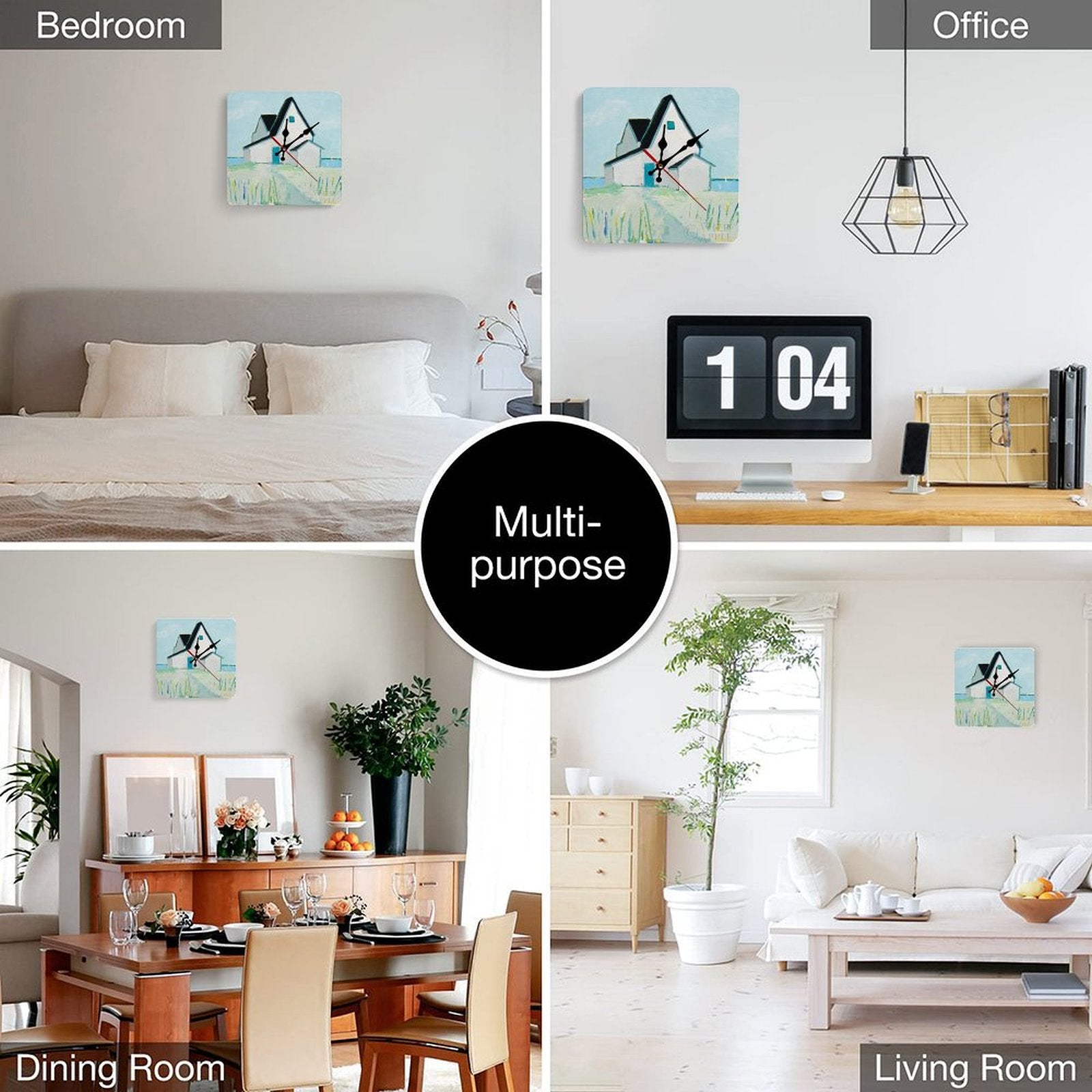 Square cottage art wooden wall clock, versatile home decor, bedroom, office, dining, living room, housewarming gift.