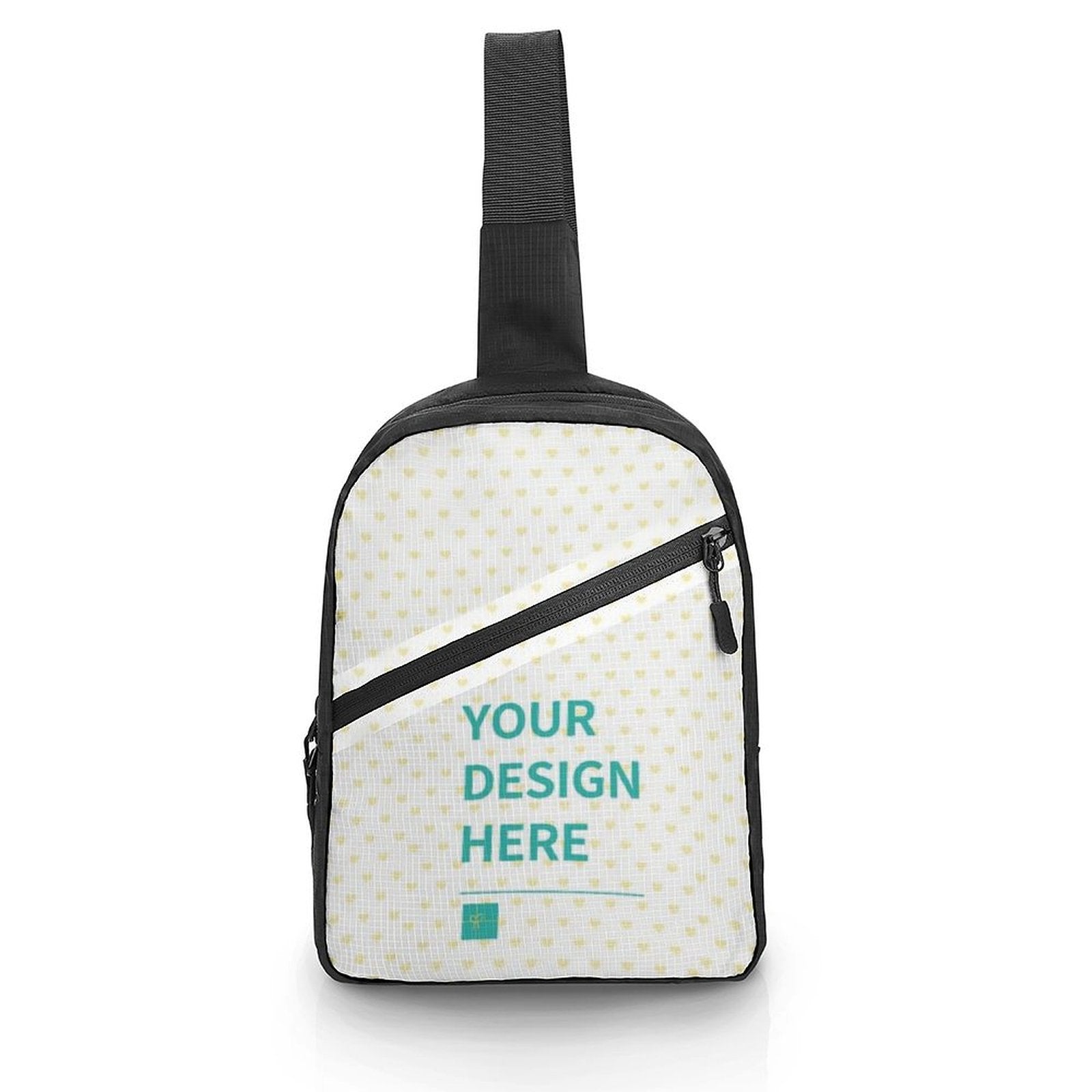Customizable sling bag with "YOUR DESIGN HERE" text and heart patterns, crossbody backpack for men and women