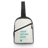 Customizable sling bag with "YOUR DESIGN HERE" text and heart patterns, crossbody backpack for men and women