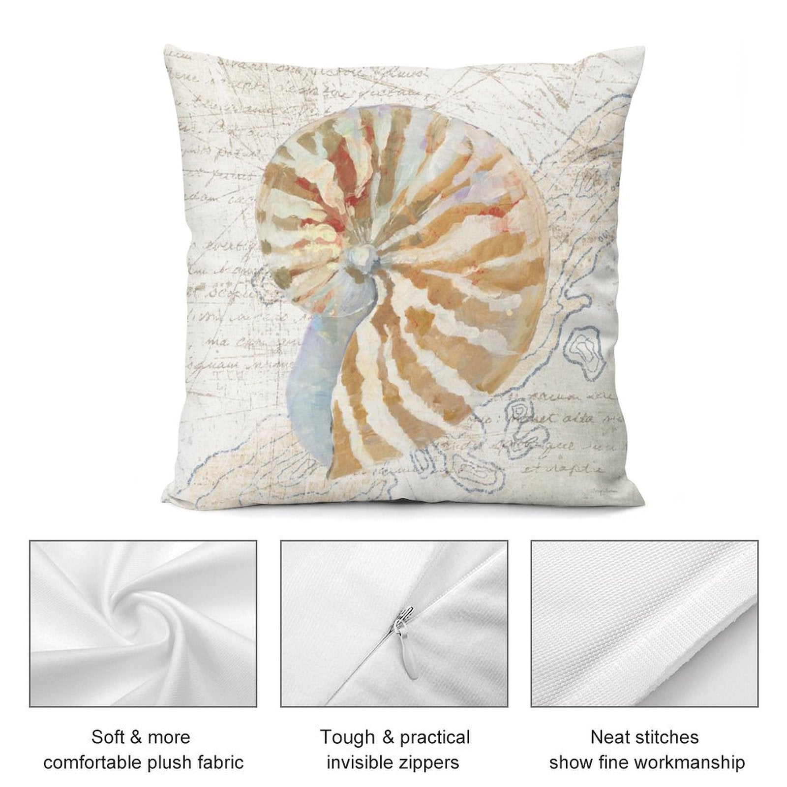 Plush pillow cover with nautilus shell design, featuring soft plush fabric, invisible zippers and fine stitching.
