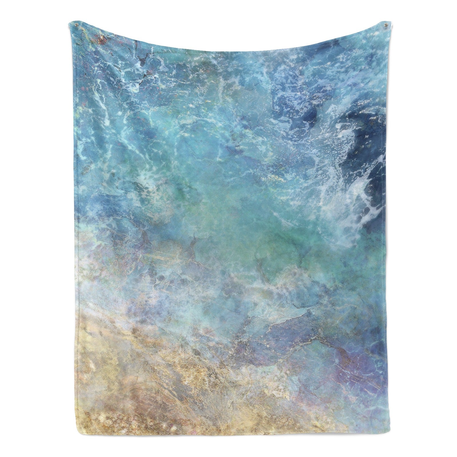 Blue ocean beach flannel blanket with wave design for sofa, couch, or bed, Made in USA