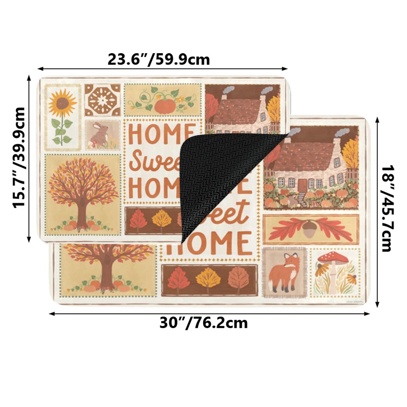 Autumn Entrance Doormat with 'Home Sweet Home' text, fall design and rubber material.